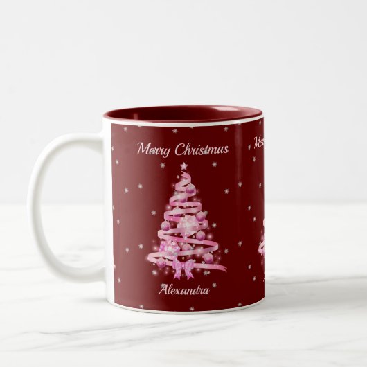 Tasse 2 Couleurs Élégant sapin rose de Noël Nom personnalisé Rouge (Gauche)