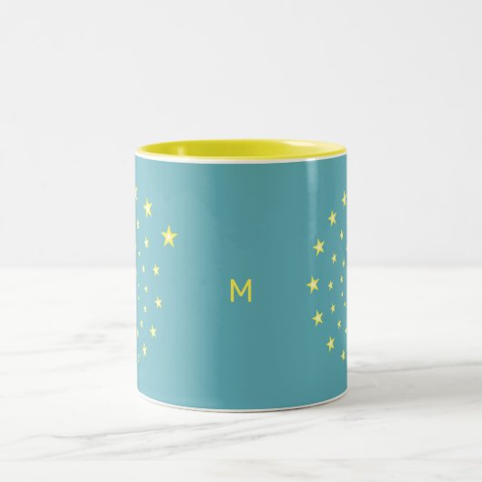 Tasse 2 Couleurs Elégant Spiral Stars sur Turquoise & Monogramme (Centre)