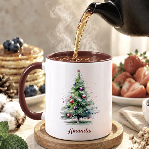 Tasse 2 Couleurs Elégant vert aquarelle sapin Noël