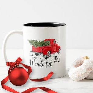 Tasse 2 Couleurs Élégant Vintage Camion Rouge Script Arbre de Noël