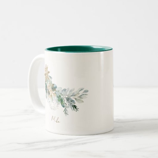 Tasse 2 Couleurs Elégante aquarelle hiver feuillage vert Noël (Devant gauche)