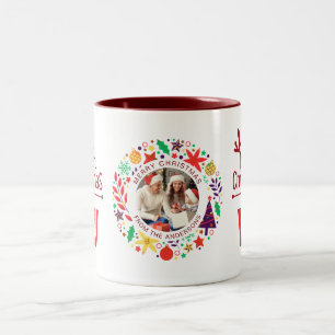 Tasse 2 Couleurs Élégante couronne de Noël Photo Famille Monogramme