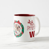 Tasse 2 Couleurs Élégante couronne de Noël Photo Famille Monogramme (Devant droit)