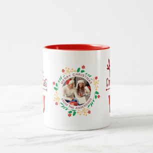 Tasse 2 Couleurs Élégante couronne de Noël Photo Famille Monogramme