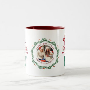 Tasse 2 Couleurs Élégante couronne de Noël Photo Famille Monogramme