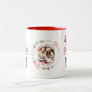 Tasse 2 Couleurs Élégante couronne de Noël Photo Famille Monogramme