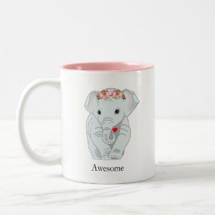 Tasse 2 Couleurs Eléphant mignon avec couronne de fleurs tenant un 