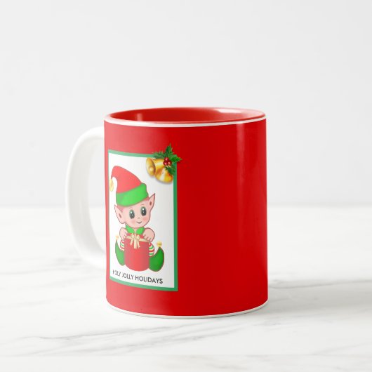Tasse 2 Couleurs Elfe de Noël en rouge (Devant gauche)