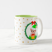 Tasse 2 Couleurs Elfe de Noël vert mignonne, Wreath de pin & Étoile (Devant droit)