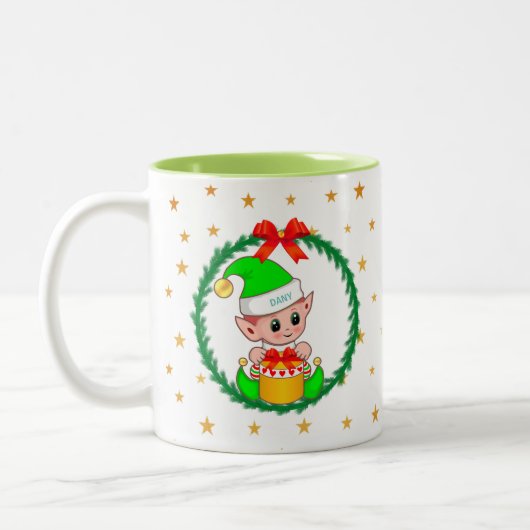 Tasse 2 Couleurs Elfe de Noël vert mignonne, Wreath de pin & Étoile (Gauche)