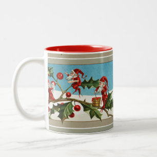 TASSE 2 COULEURS ELVES DE NOËL ROUGE, HOLLYBERRIES