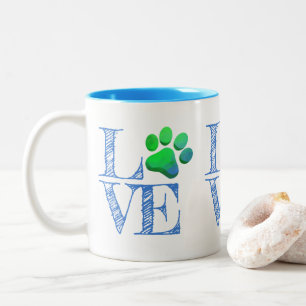 Tasse 2 Couleurs Empreinte de patte LOVE Blue Green Famille Animaux
