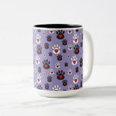 Tasse 2 Couleurs Empreintes de pattes aux coeurs rouges sur bleu (Devant droit)