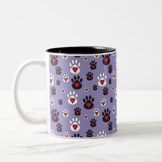 Tasse 2 Couleurs Empreintes de pattes aux coeurs rouges sur bleu (Gauche)