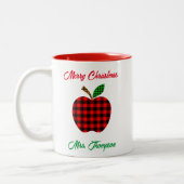 Tasse 2 Couleurs Enseignant de Noël Rouge Plaid Apple Nom personnal (Gauche)