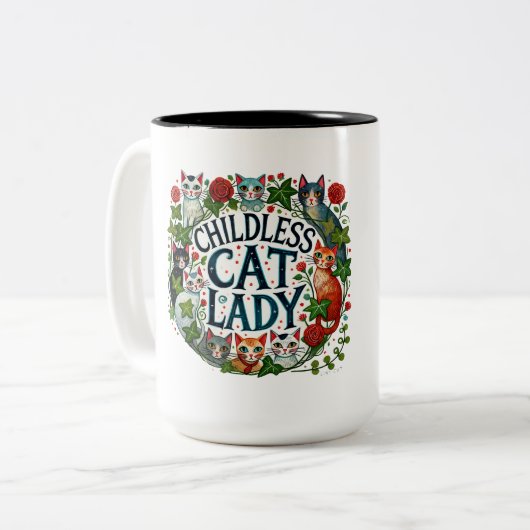 Tasse 2 Couleurs Femme au chat sans enfant (Devant gauche)