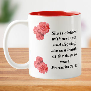 Tasse 2 Couleurs Femme chrétienne idéale Proverbes 31:25 avec rose