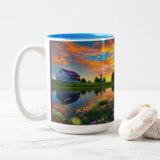 Tasse 2 Couleurs Ferme Purple Roof Pond à Sunrise (Avec donut)