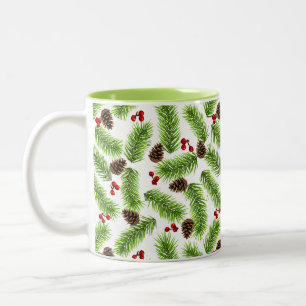 Tasse 2 Couleurs Feuilles, cônes et baies de pin de Noël
