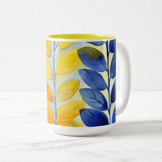 Tasse 2 Couleurs Feuilles jaune et bleu (Devant droit)