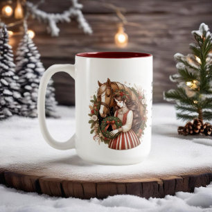 Tasse 2 Couleurs Fille au cheval et couronne de Noël