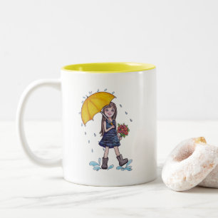 Tasse 2 Couleurs Fille Avec Parapluie Jaune En Aquarelle