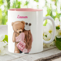 Fille en rose avec ours Café personnalisé personna