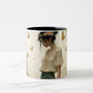 Tasse 2 Couleurs Fille éthérée avec papillons dans la nature