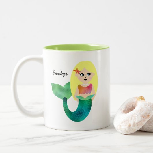 Tasse 2 Couleurs Filles blondes personnalisées de sirène (Avec donut)