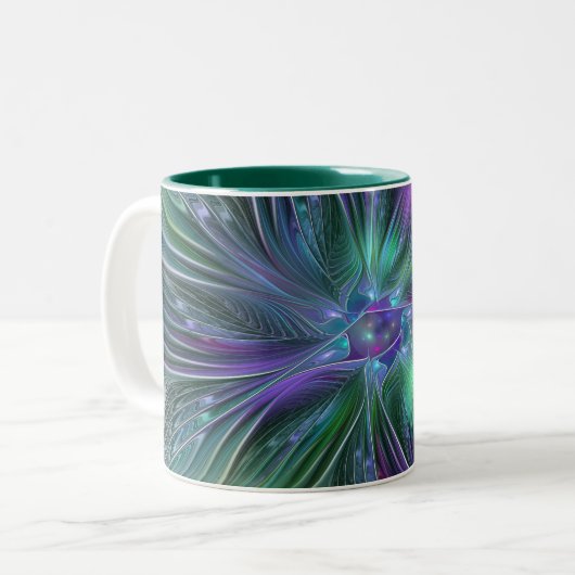 Tasse 2 Couleurs Fleur Abstraite Moderne Fractale Verte Violette (Devant gauche)