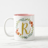 Tasse 2 Couleurs Fleur botanique Wreath Gold Monogramme initial R (Gauche)