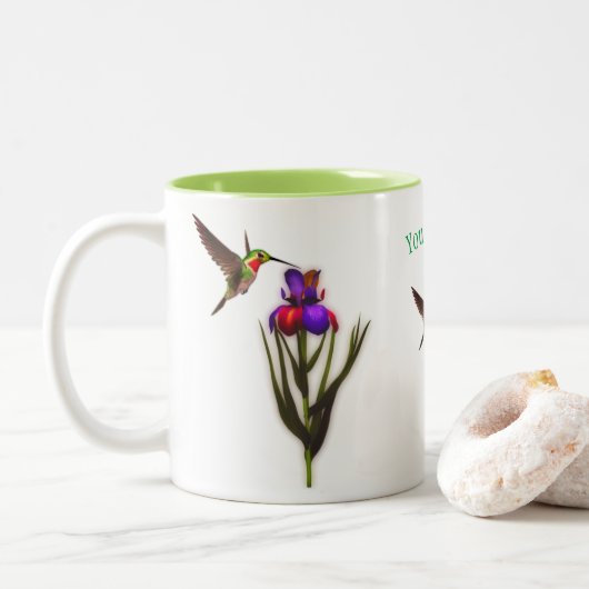 Tasse 2 Couleurs Fleur Iris de colibri personnalisée (Avec donut)