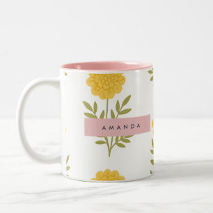 Tasse 2 Couleurs Fleur jaune personnalisée et Motif feuille verte