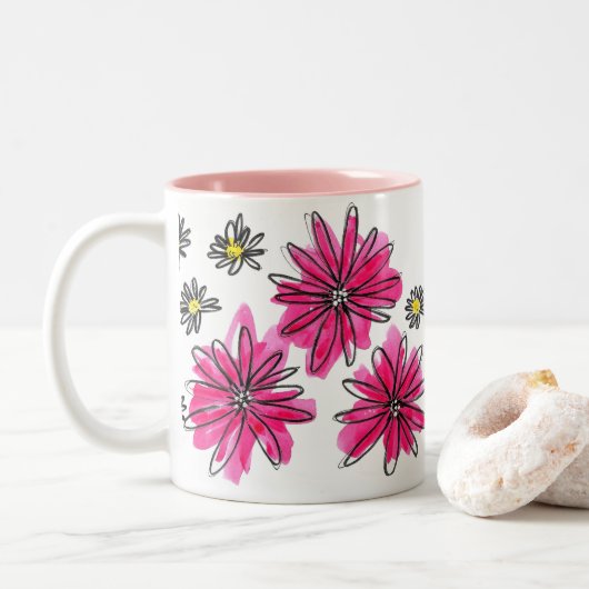 Tasse 2 Couleurs Fleurs blanches et roses (Avec donut)