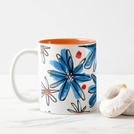 Tasse 2 Couleurs Fleurs bleues et blanches (Avec donut)