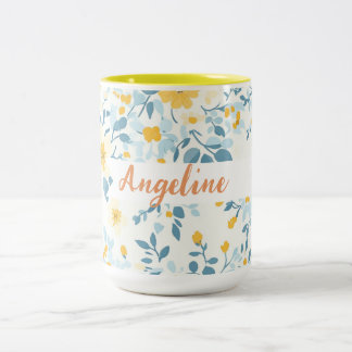 Tasse 2 Couleurs Fleurs bleues et jaunes "Ma maman chérie" personna