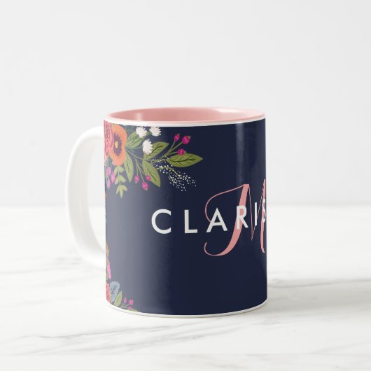 Tasse 2 Couleurs Fleurs Boho - Bleu Marine avec Monogramme Rose (Devant gauche)