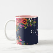 Tasse 2 Couleurs Fleurs Boho - Bleu Marine avec Monogramme Rose (Gauche)