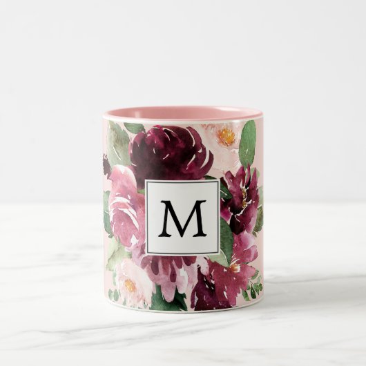 Tasse 2 Couleurs Fleurs d'aquarelle modernes Monogrammes (Centre)