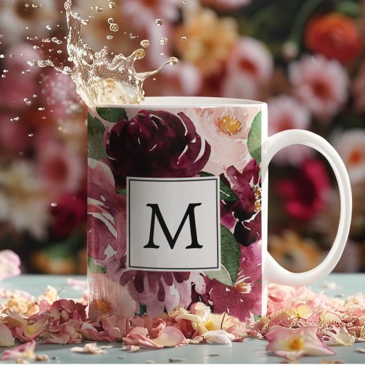 Tasse 2 Couleurs Fleurs d'aquarelle modernes Monogrammes