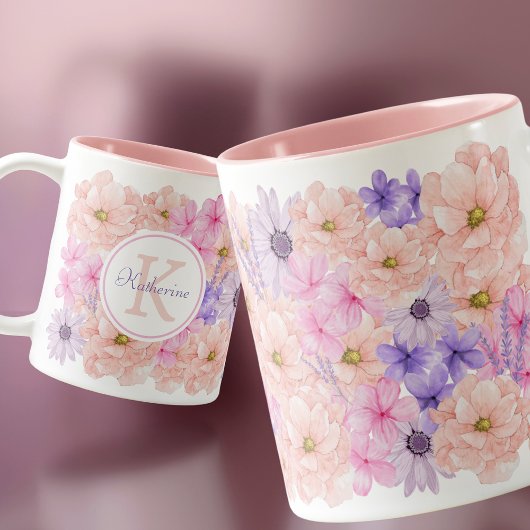 Tasse 2 Couleurs Fleurs d'aquarelle rose mignonne monogrammées pour