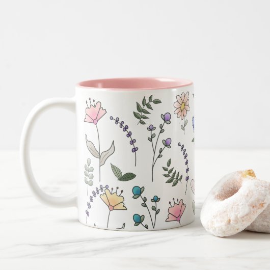 Tasse 2 Couleurs Fleurs de gribouillis d'aquarelle printanière (Avec donut)
