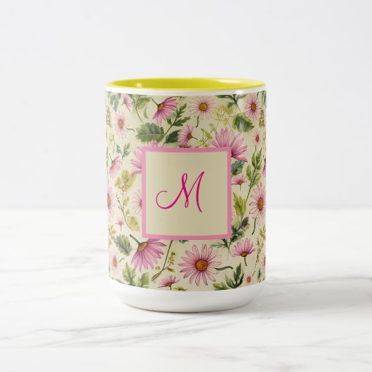Tasse 2 Couleurs Fleurs De Printemps Élégantes Avec Monogramme (Centre)