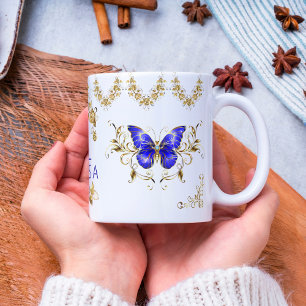 Tasse 2 Couleurs Fleurs modernes papillons bleu & or monogrammed