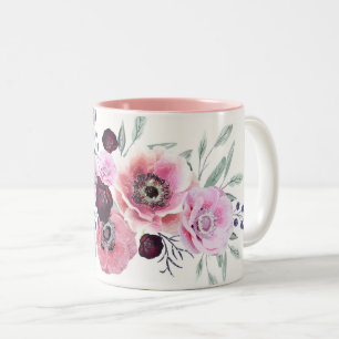 Tasse 2 Couleurs Fleurs roses bordeaux aquarelles