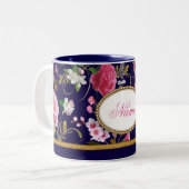Tasse 2 Couleurs Fleurs roses de monogramme (Devant gauche)