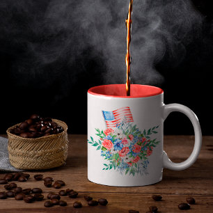 Tasse 2 Couleurs Fleurs rouges blanches et bleues Monogramme 4 juil