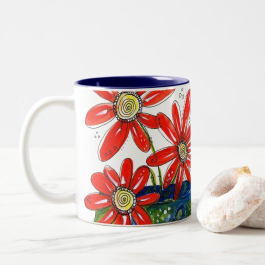 Tasse 2 Couleurs Fleurs rouges lunaires (Avec donut)