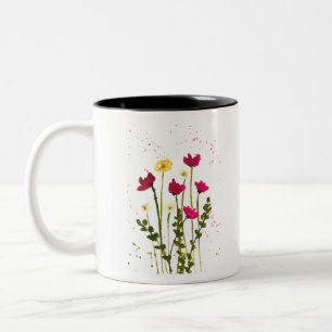 Tasse 2 Couleurs Fleurs sauvages rouge jaune aquarelle rustique