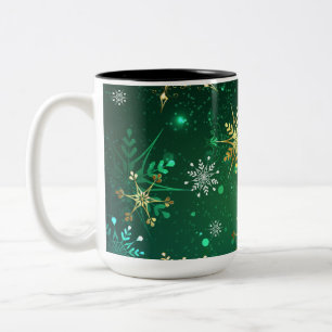 Tasse 2 Couleurs Flocons de neige dorés de Noël sur fond vert